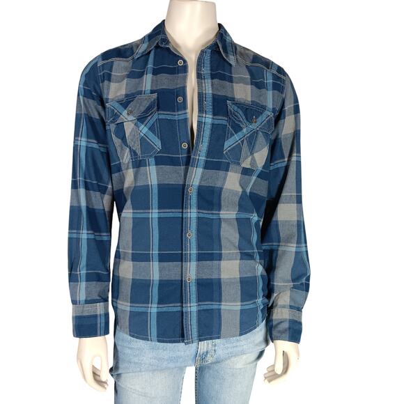 No Boundaries Blue Plaid Long Sleeve Size Medium Collared Front Patch Pockets - Picture 1 of 7